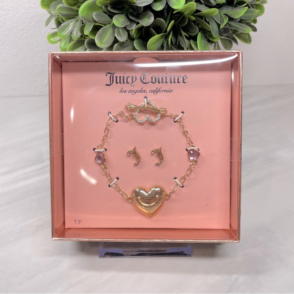 Juicy Couture‎ Gold Pink Heart Bracelet and J Initial Stud Earrings Jewelry Set